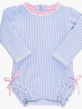 Ruffle Butts Blue & White Stripe Rashguard One-Piece with Pink Trim